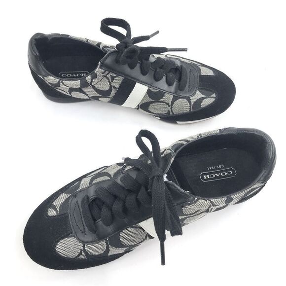 Coach JOSS Black Suede Gray Signature Monogram Canvas Lace Up Casual Sneakers - Picture 2 of 15